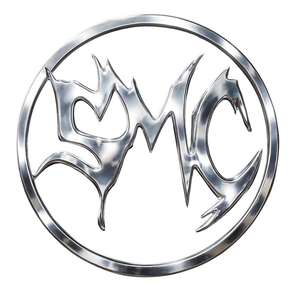 Metallic SMC sigil with stylized letters on a white background. Secret.